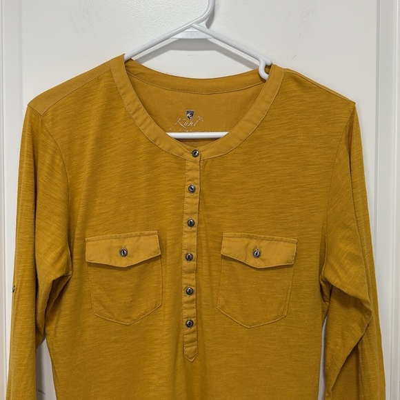 Kuhl Yellow Mustard Organic Blend Cotton 3/4 Sleeve Roll Up Tab Henley Shirt M - Picture 3 of 9